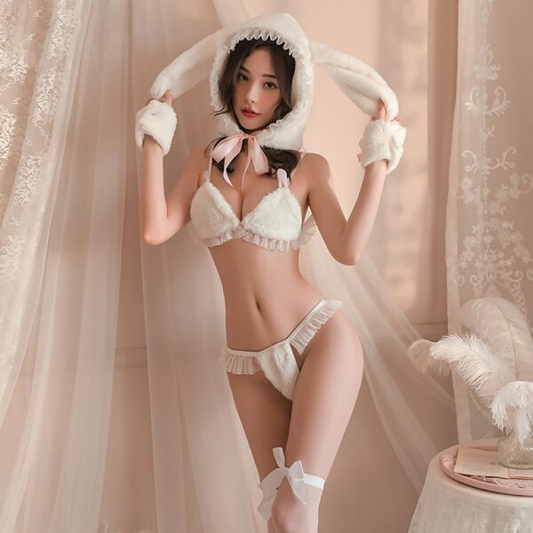 Furry Bunny Lingerie White Lace Ruffle Bra Set with Rabbit Ear Hat Sexy Christmas Costume - Image 2