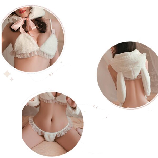 Furry Bunny Lingerie White Lace Ruffle Bra Set with Rabbit Ear Hat Sexy Christmas Costume - Image 6
