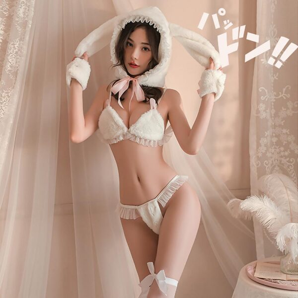 Furry Bunny Lingerie White Lace Ruffle Bra Set with Rabbit Ear Hat Sexy Christmas Costume - Image 5