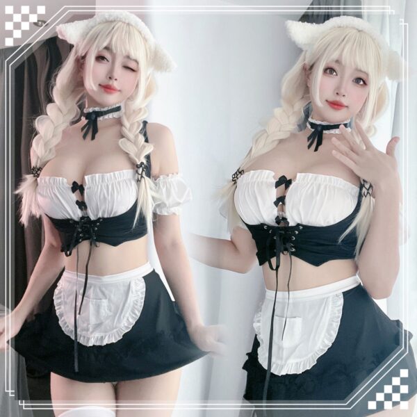 Sexy Maid Costume Anime Maid Cosplay Outfits 3 Piece Apron Lingerie Set - Image 3